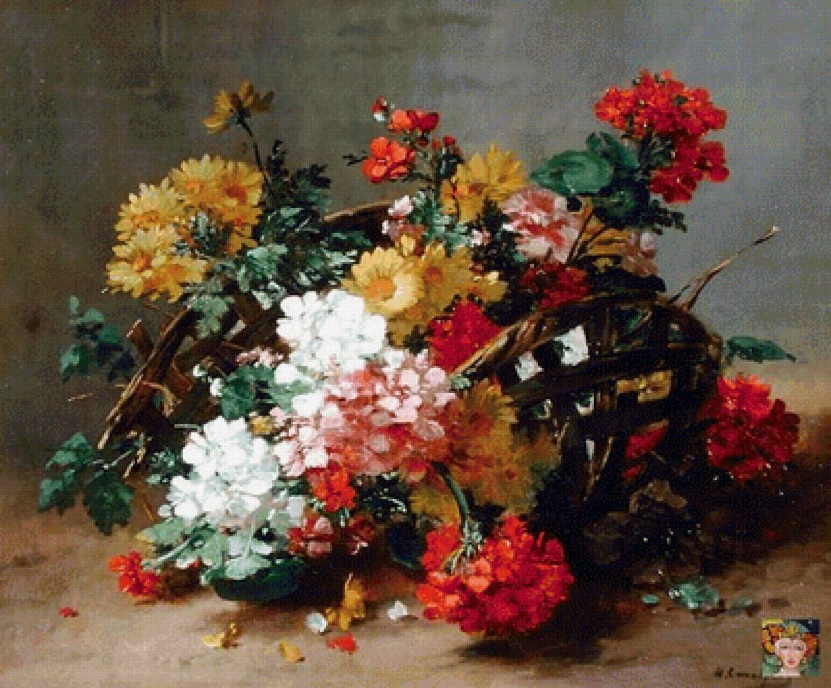 цветы, гобелен, узоры - цветы, лукошко, поле, гобелен - предпросмотр