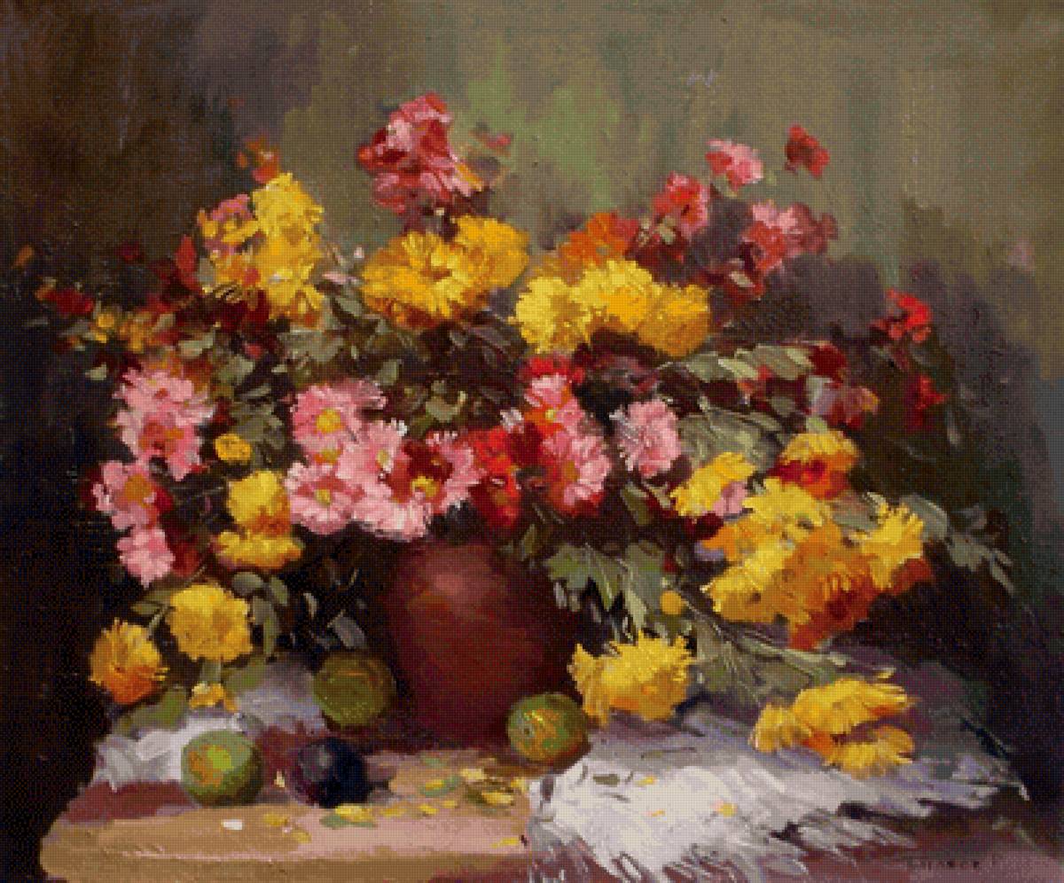 хризантемы - гобелен, хризантемы, ваза, цветы - предпросмотр