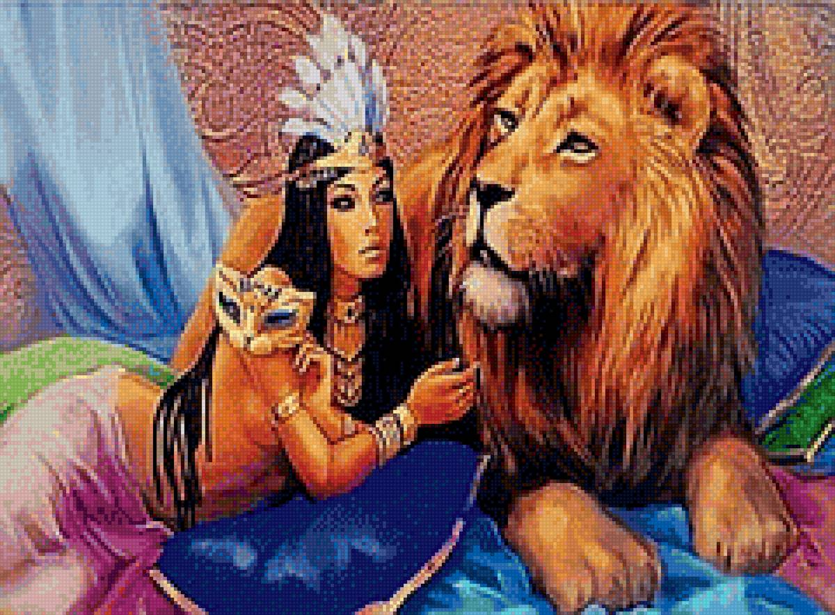 Девушка и лев - девушка, лев - предпросмотр