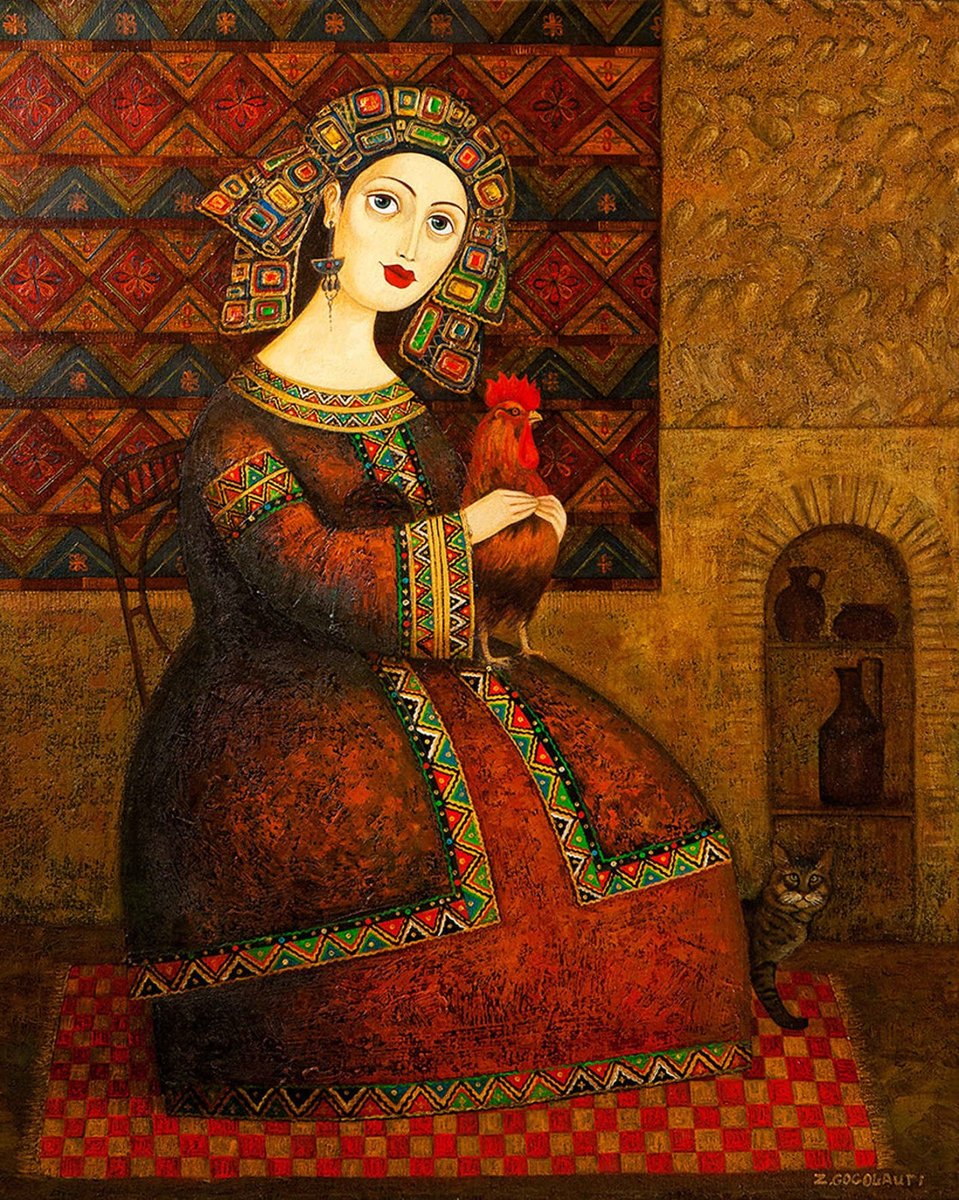 Звиад Гоголаури. Девушка с петухом и кошкой - петух, грузия, живопись, девушка, кошка - оригинал