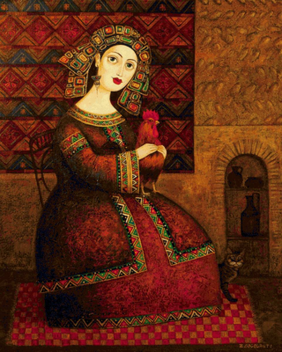 Звиад Гоголаури. Девушка с петухом и кошкой - девушка, грузия, живопись, петух, кошка - предпросмотр