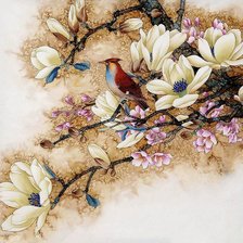 Схема вышивки «ПОДУШКА МАГНОЛИЯ С ПТИЧКОЙ»