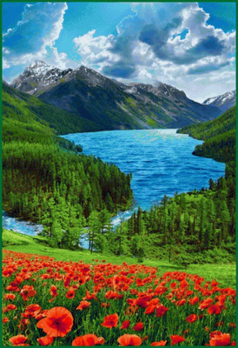 Природа - река, маки, горы, природа - предпросмотр