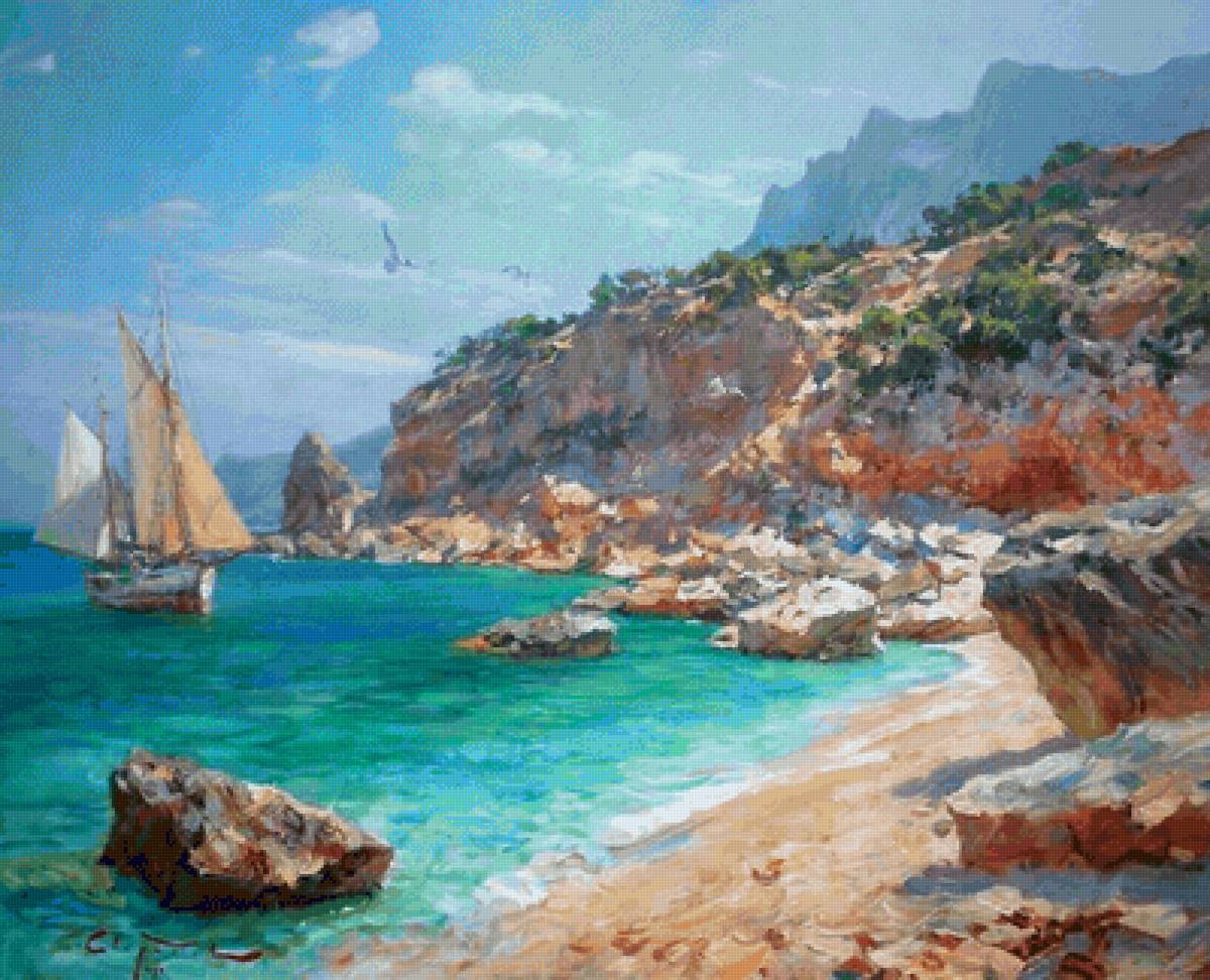 море, горы - горы, море, лето, парусники, чайки - предпросмотр