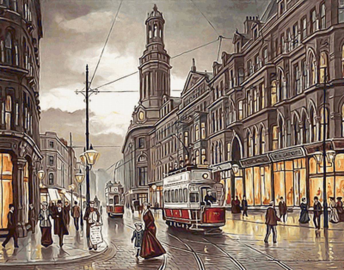 Старая Англия - фонари, старый город, люди, англия, трамвай, городской пейзаж - предпросмотр