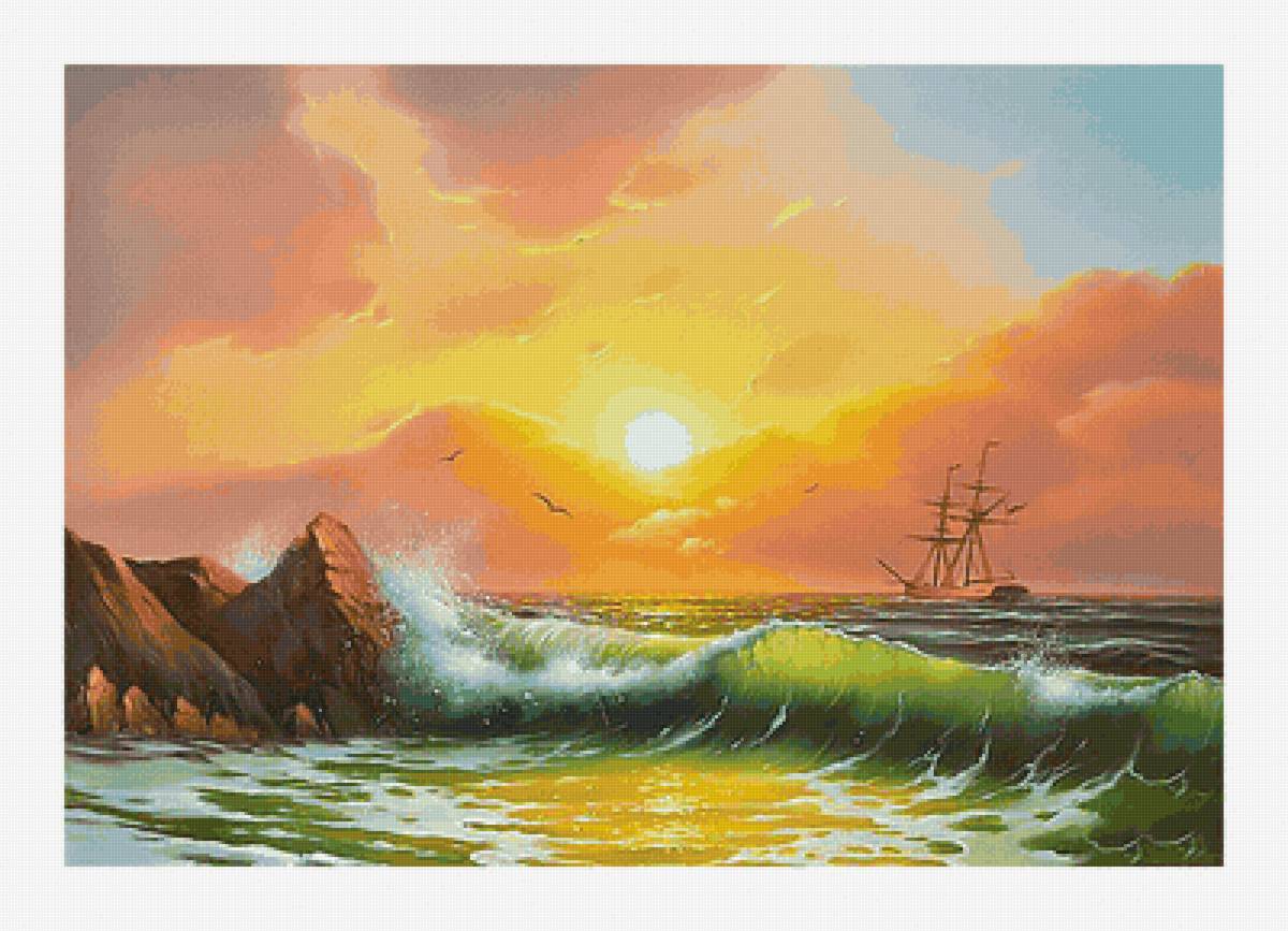 Бригантина уходит в море. - берег, закат, корабль, пейзаж, море, волны - предпросмотр