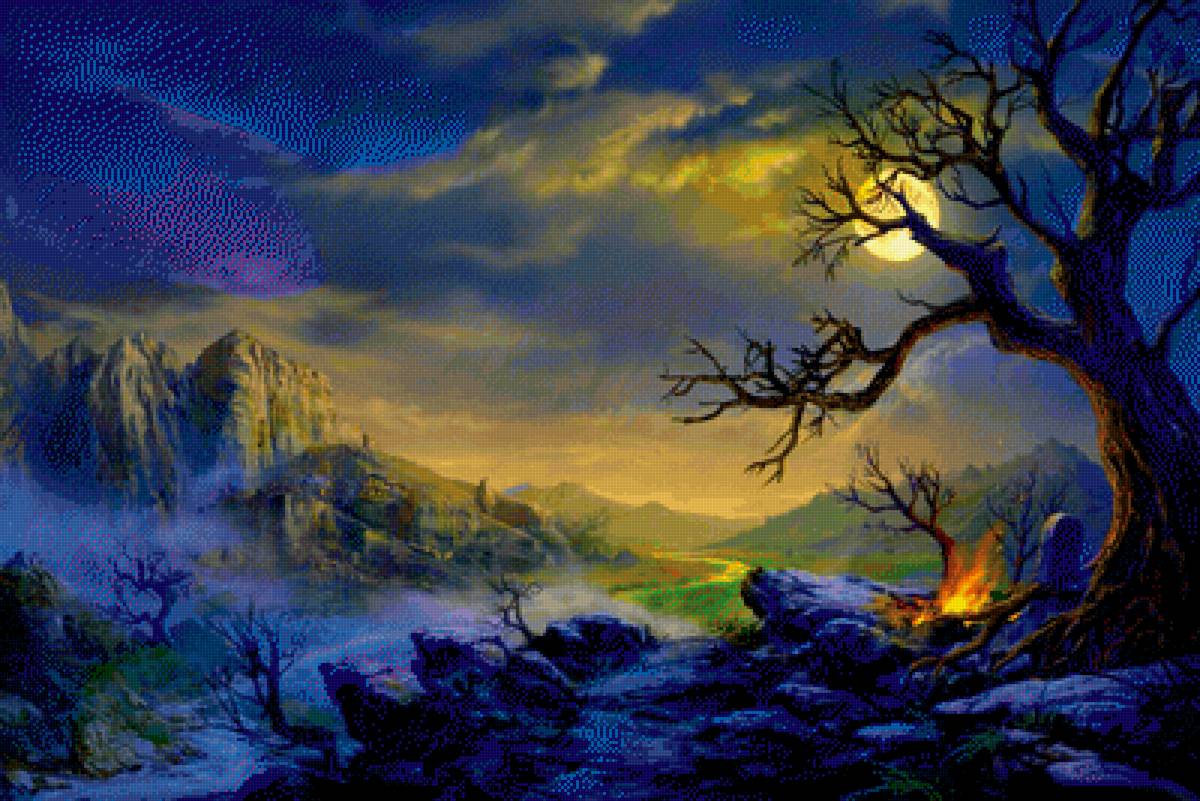 Фантастический пейзаж - закат, рассвет, фантастика, цветы, природа, пейзаж - предпросмотр