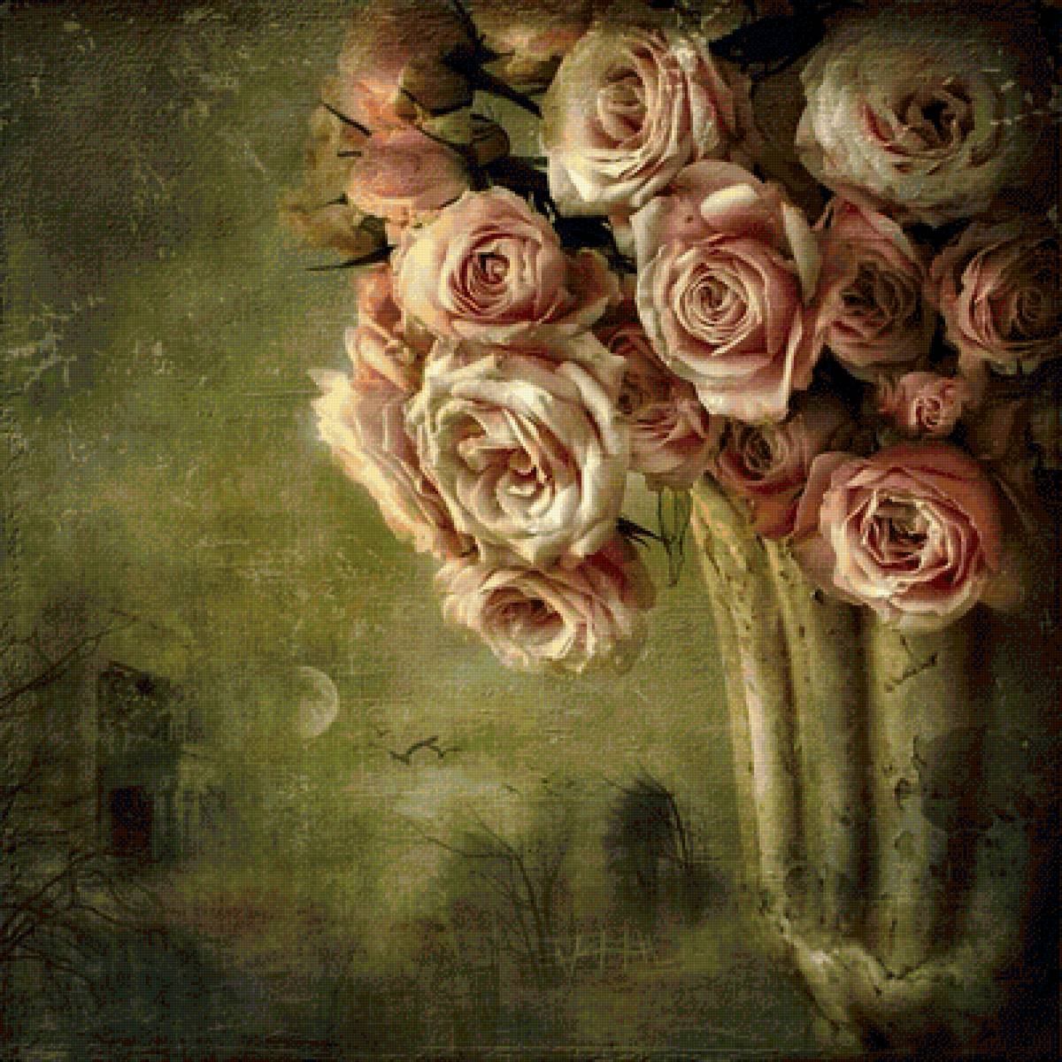 ретро - зеленый фон, розы, цветы, ретро - предпросмотр