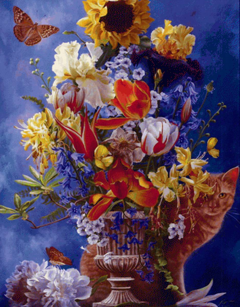 художник nene thomas22 - натюрморт, цветы, кот - предпросмотр
