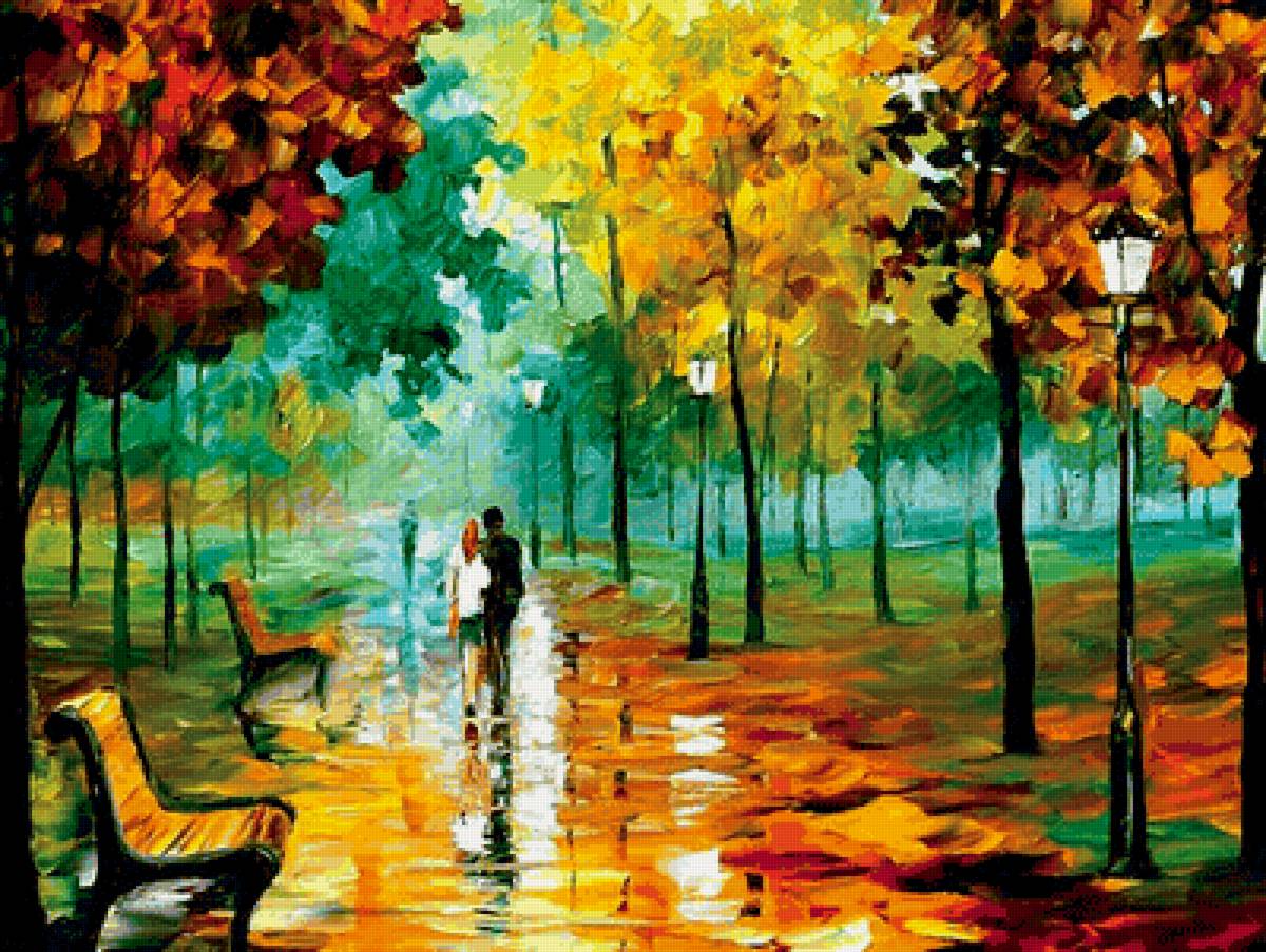 Прогулка в парке - осень, пара, парк, дождь, фонарь, скамейки - предпросмотр