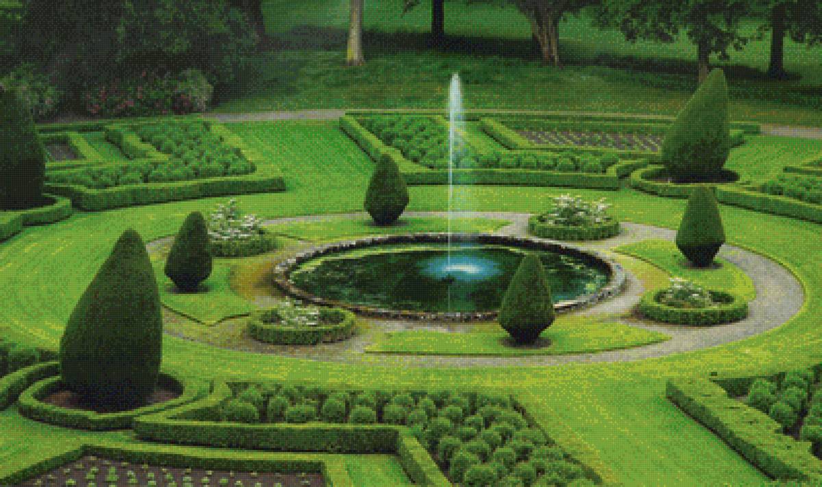 Сад замка Данробин, Шотландия - кусты, деревья, бассейн, сад, фонтан - предпросмотр