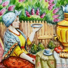 Схема вышивки «купчиха дома пьёт чай»