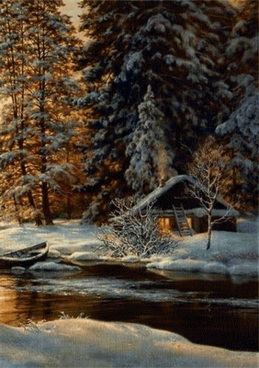 домик в лесу - лодка, река.сосны - предпросмотр