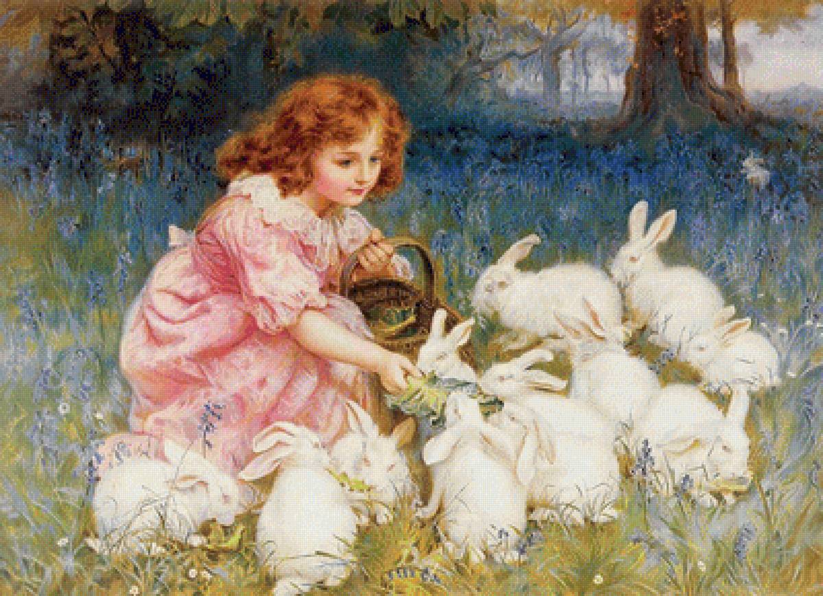 Girl feeding rabbits - girl, child, rabbits - предпросмотр