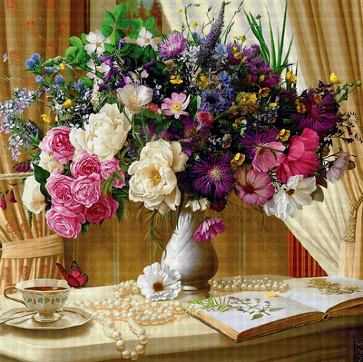 Лето - натюрморт, цветы, ваза, книга, лето, настроение - предпросмотр