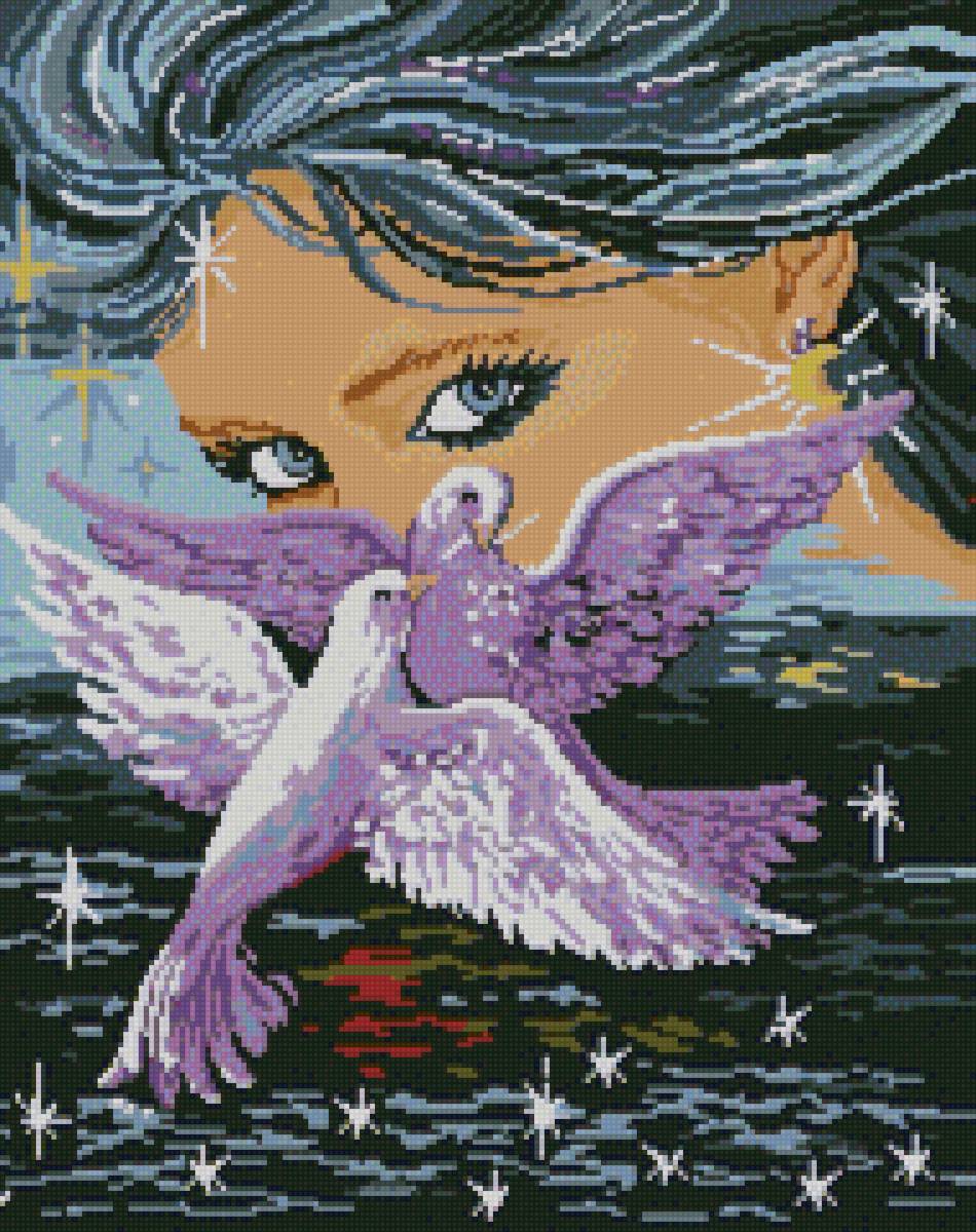 Магия взгляда (Афродита) - голуби, звезды, девушка, вода - предпросмотр