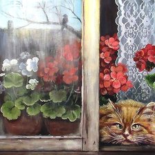 Схема вышивки «кот и герань»