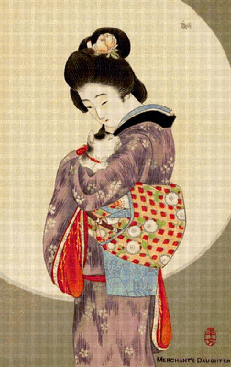 Интерес - японка, кимоно, кошка, мошка - предпросмотр