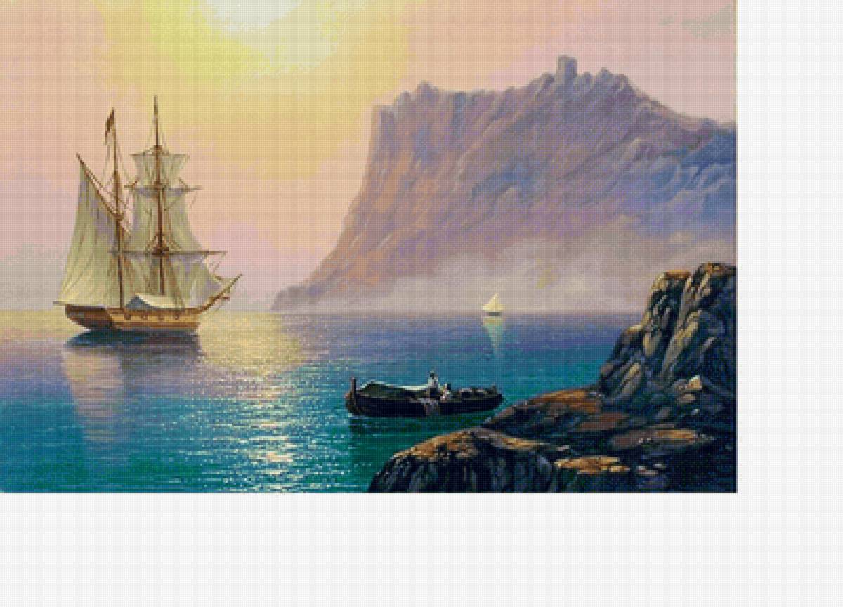 Море - лодка, парусник, море, пейзаж, скалы - предпросмотр