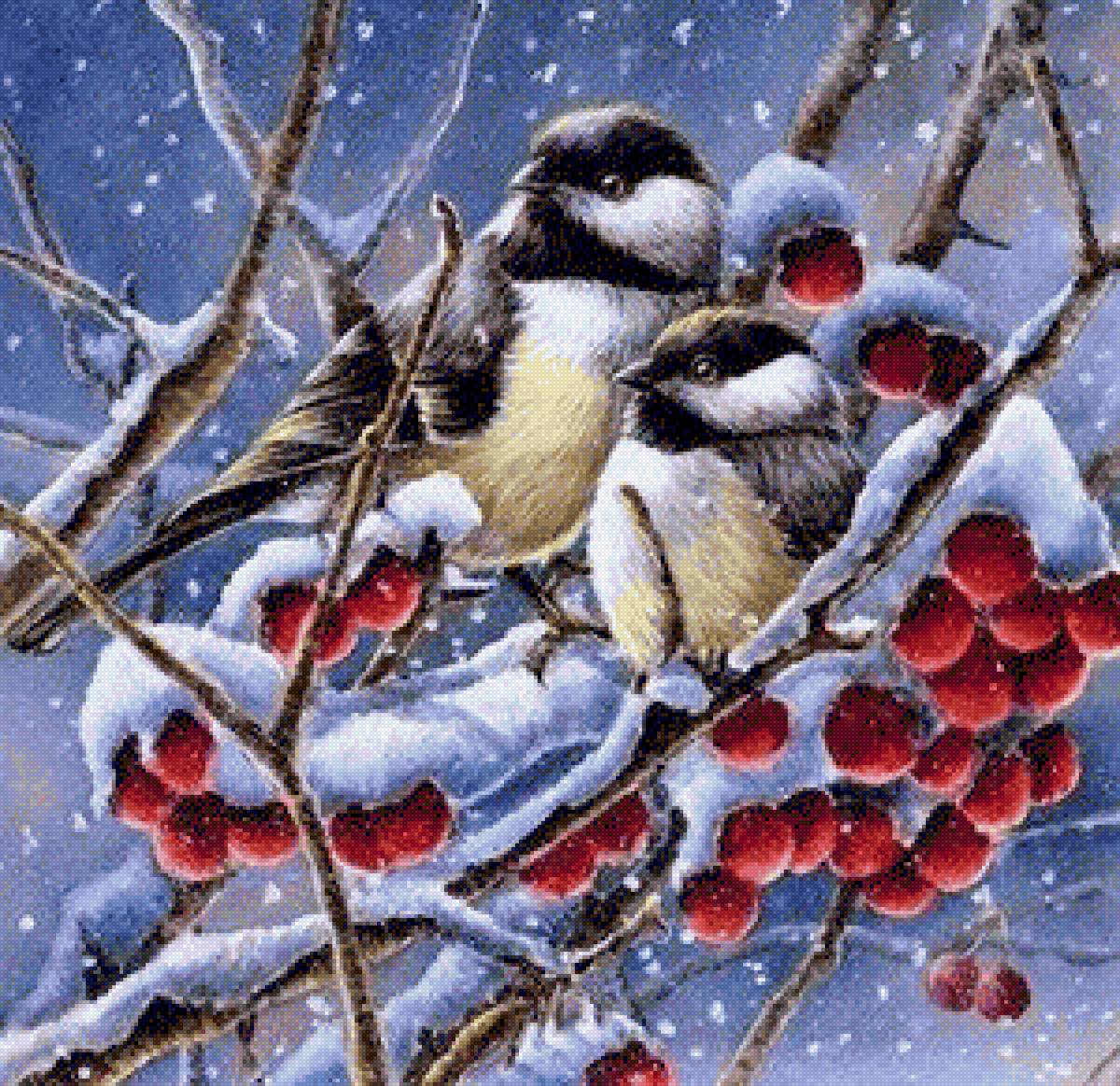 синички на рябине - птицы - предпросмотр