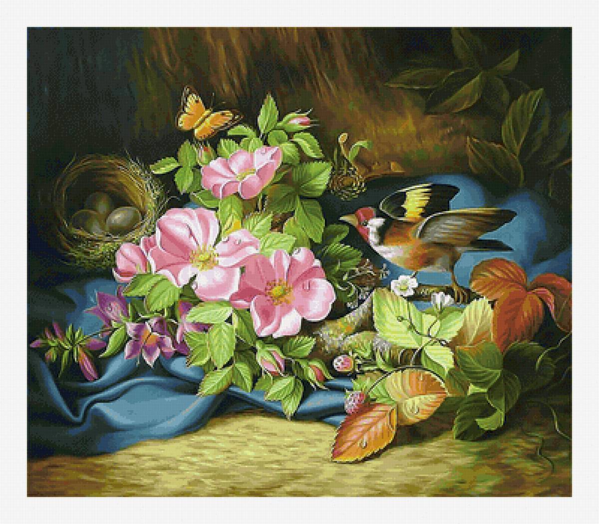 Цветочный натюрморт с птичкой. - гнездо, живопись, цветы, птица, натюрморт - предпросмотр