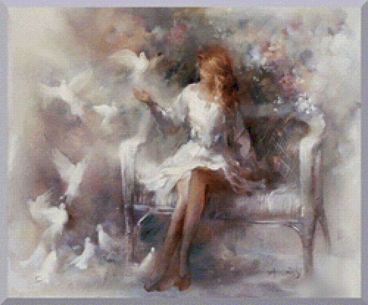 девушка и голуби - акварель - предпросмотр