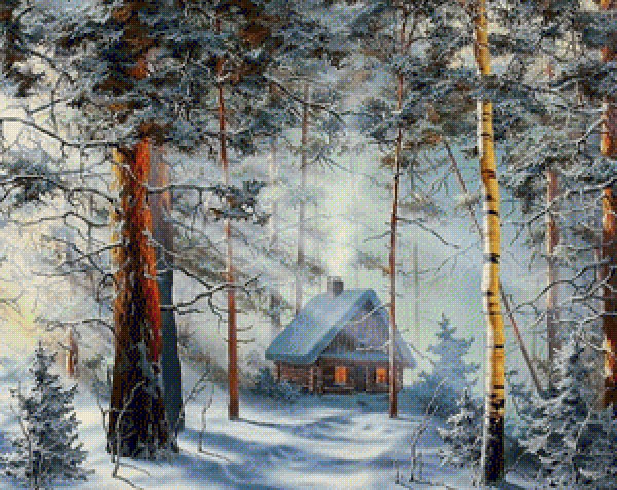 Домик - зима домик пейзаж картина живопись сосны - предпросмотр