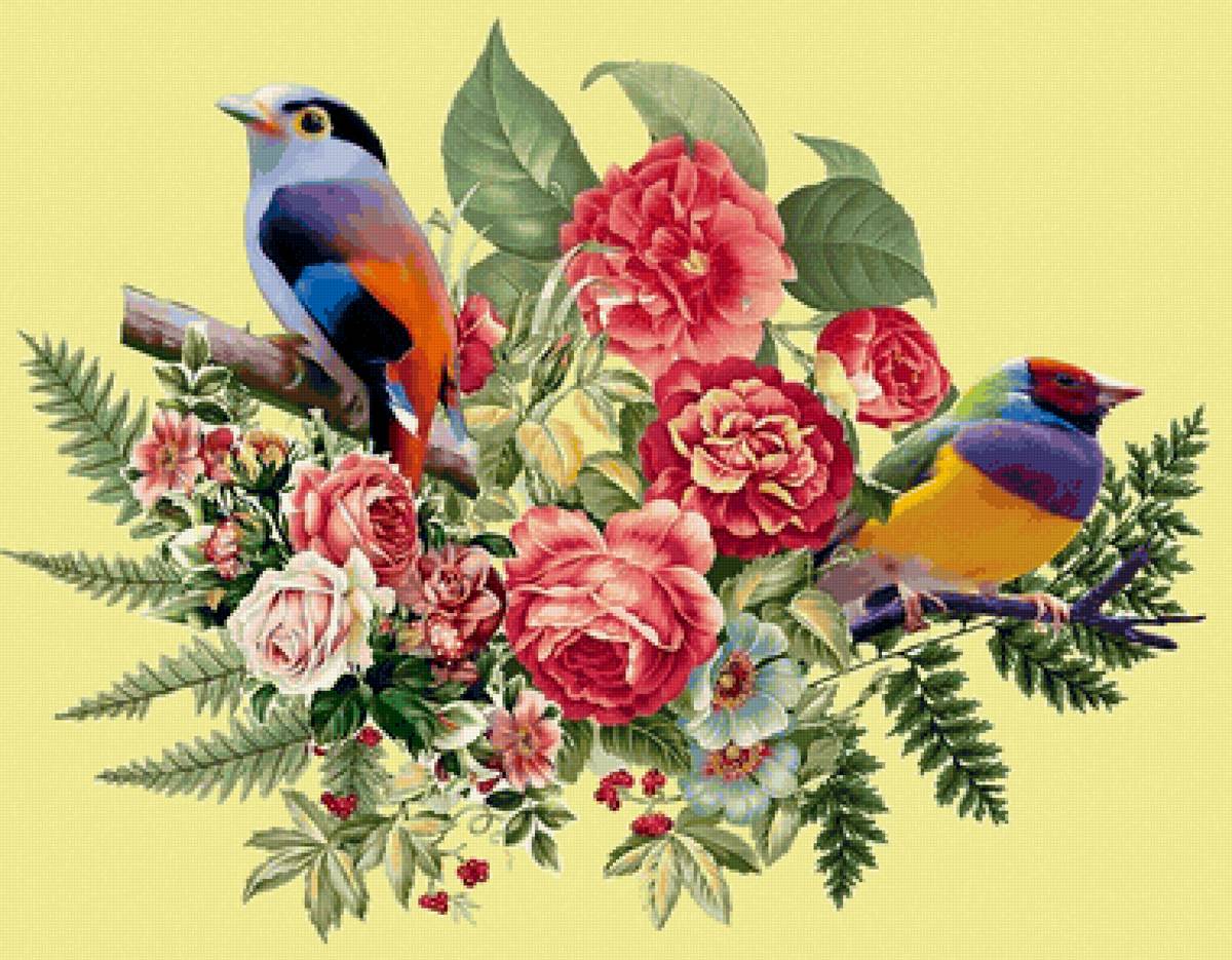 Flores, com pássaros - flores, pássaros - предпросмотр