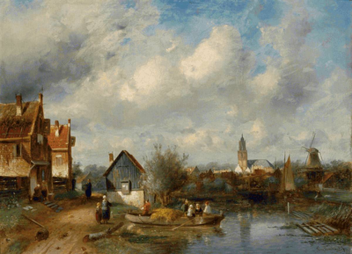 Шарль Лейкерт. Голландский пейзаж - река, город, лодка, живопись, пейзаж - предпросмотр