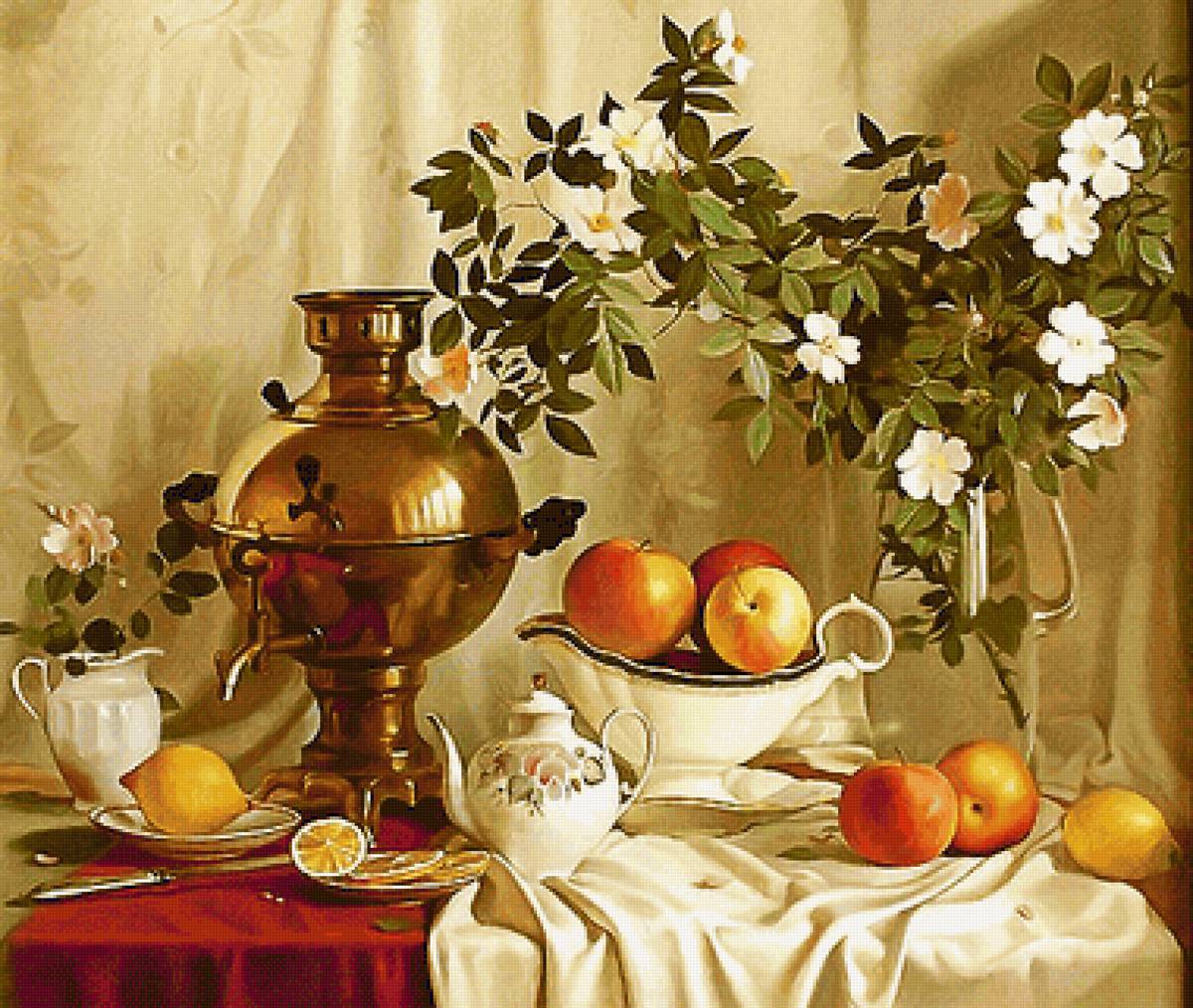 Серия "Натюрморты". Вариант 2 - фрукты, чай, самовар, натюрморт - предпросмотр