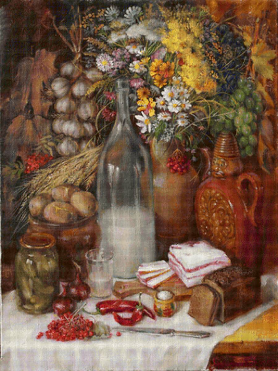 ВЛАДИМИР ЛЁВИН. НАТЮРМОРТ С САЛОМ И САМОГОНОМ - еда, натюрморт - предпросмотр