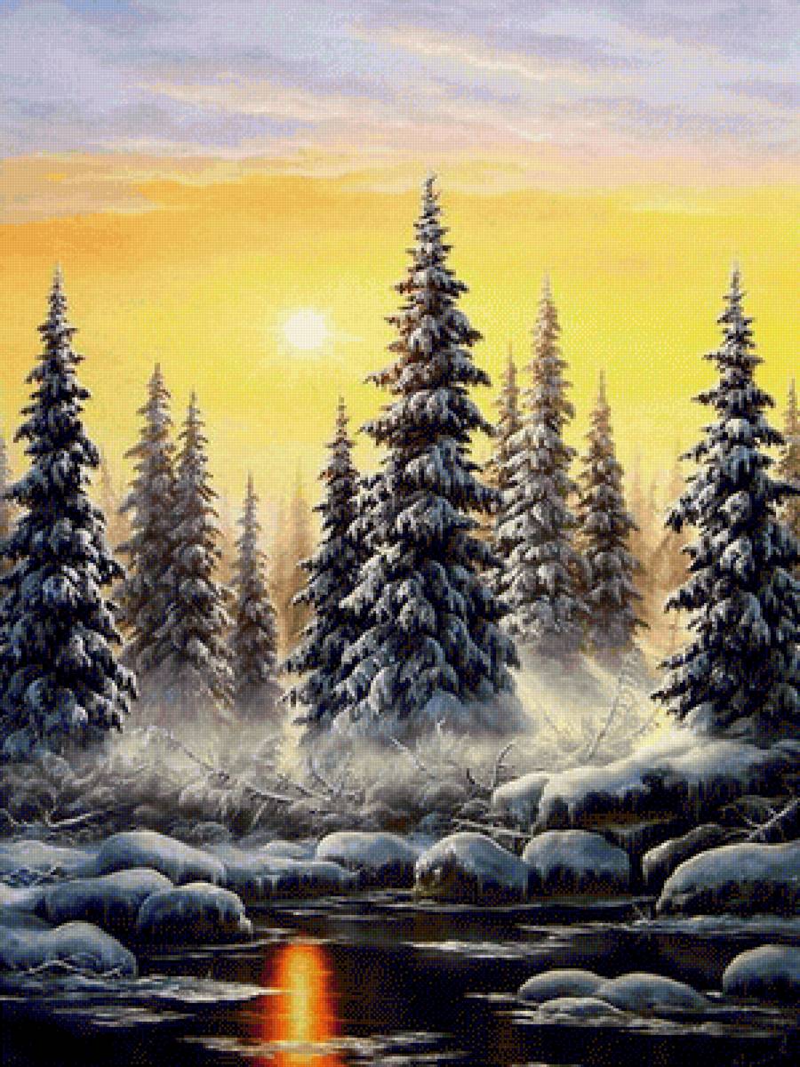 Зимняя дымка - ели, снег, дымка, ручей, зима, закат - предпросмотр