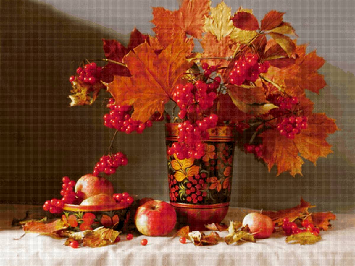 ОСЕННИЙ ПЕЙЗАЖ - кленовые листья, рябина, яблоки - предпросмотр