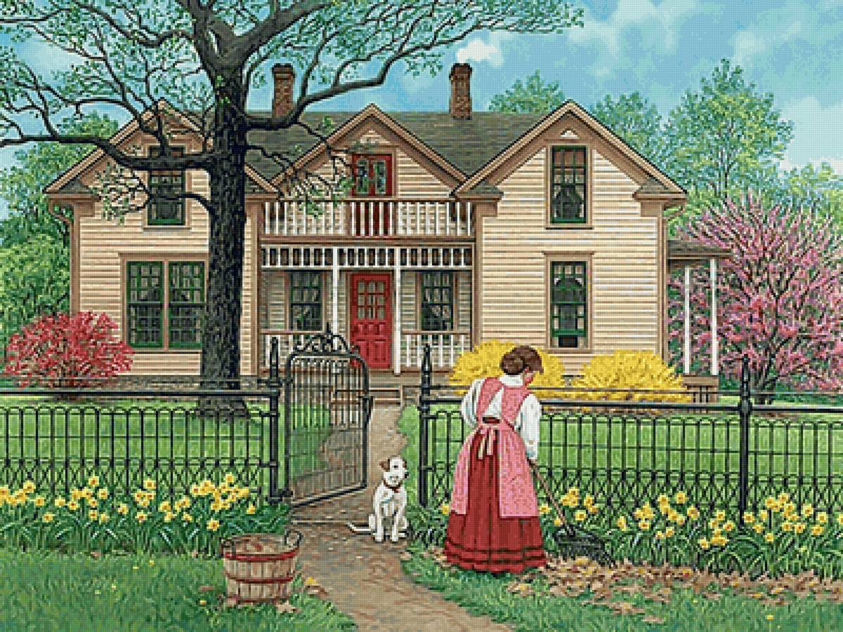 №2202126 - собачка, девушка, цветы, домик, весна - предпросмотр