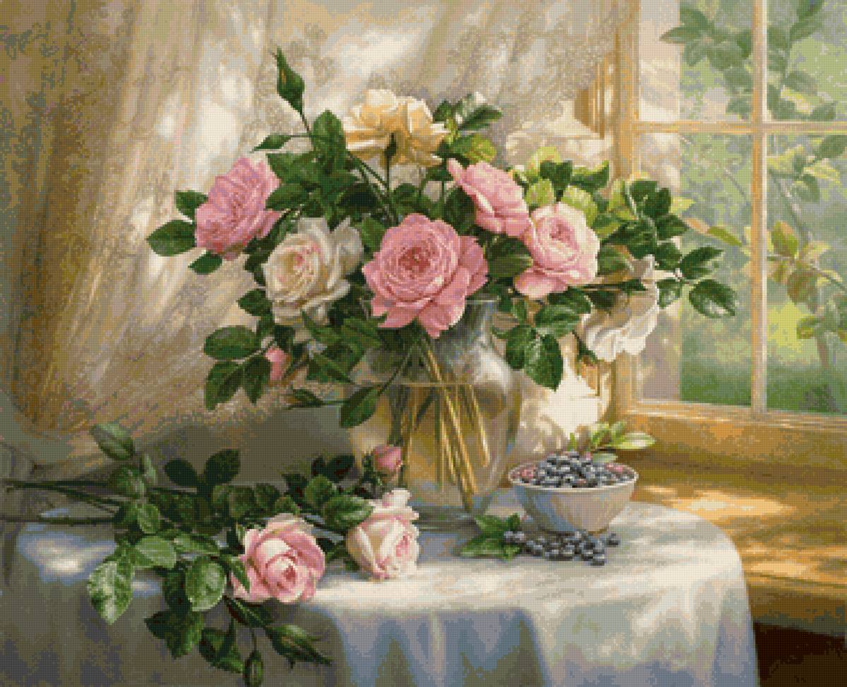 Худ. Сатаров Михаил - букет, ваза, цветы, натюрморт, окно - предпросмотр