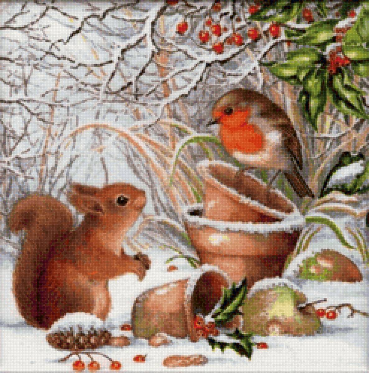 Друзья - зима, белка, лес, друзья, птичка - предпросмотр