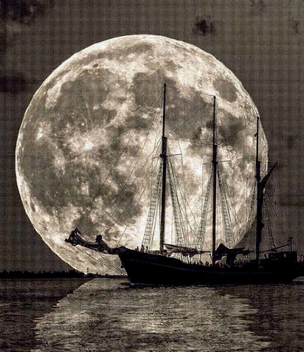 Noite de luar. - barco, mar, lua. - предпросмотр