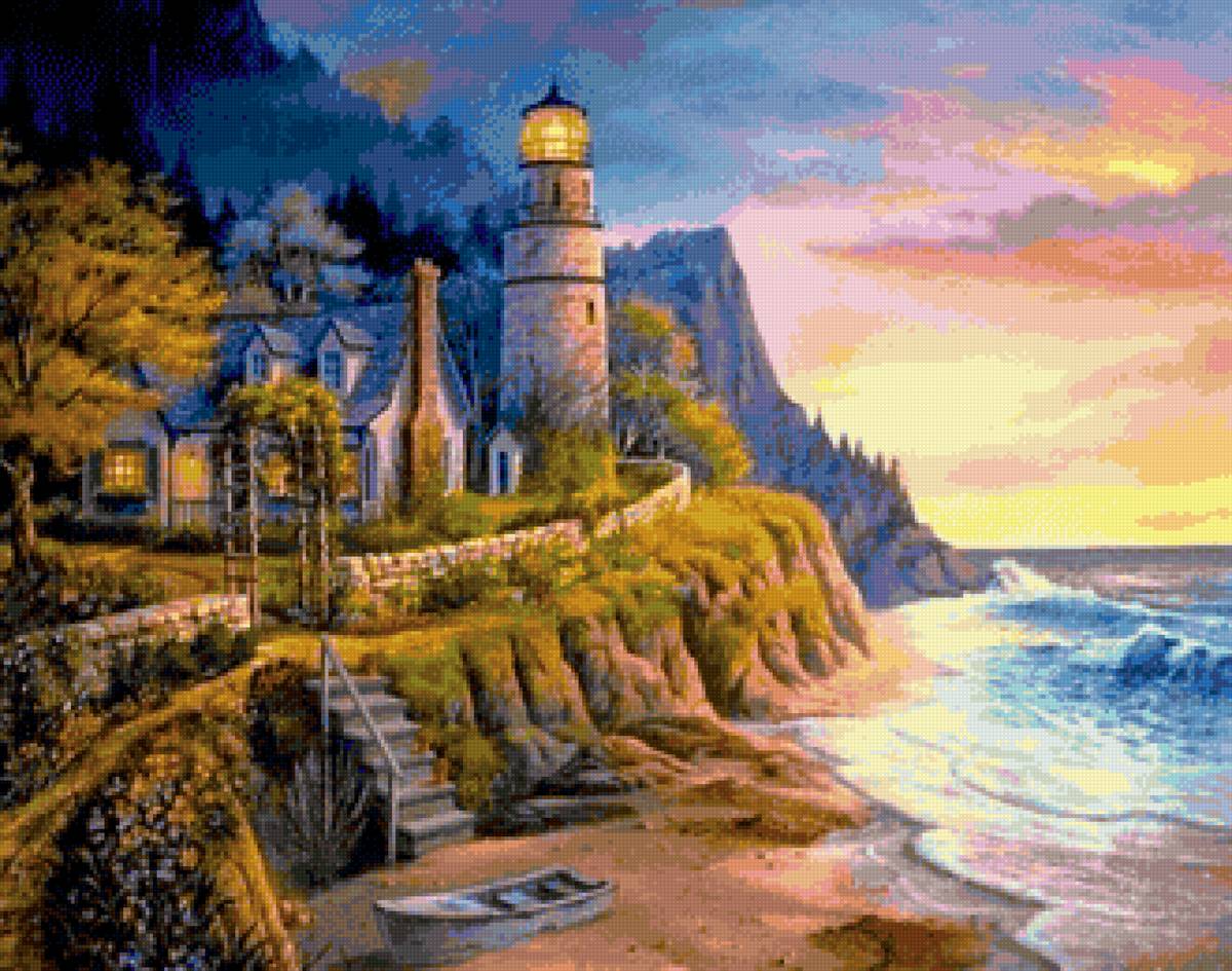 Маяк - море, лодка, маяк, берег - предпросмотр