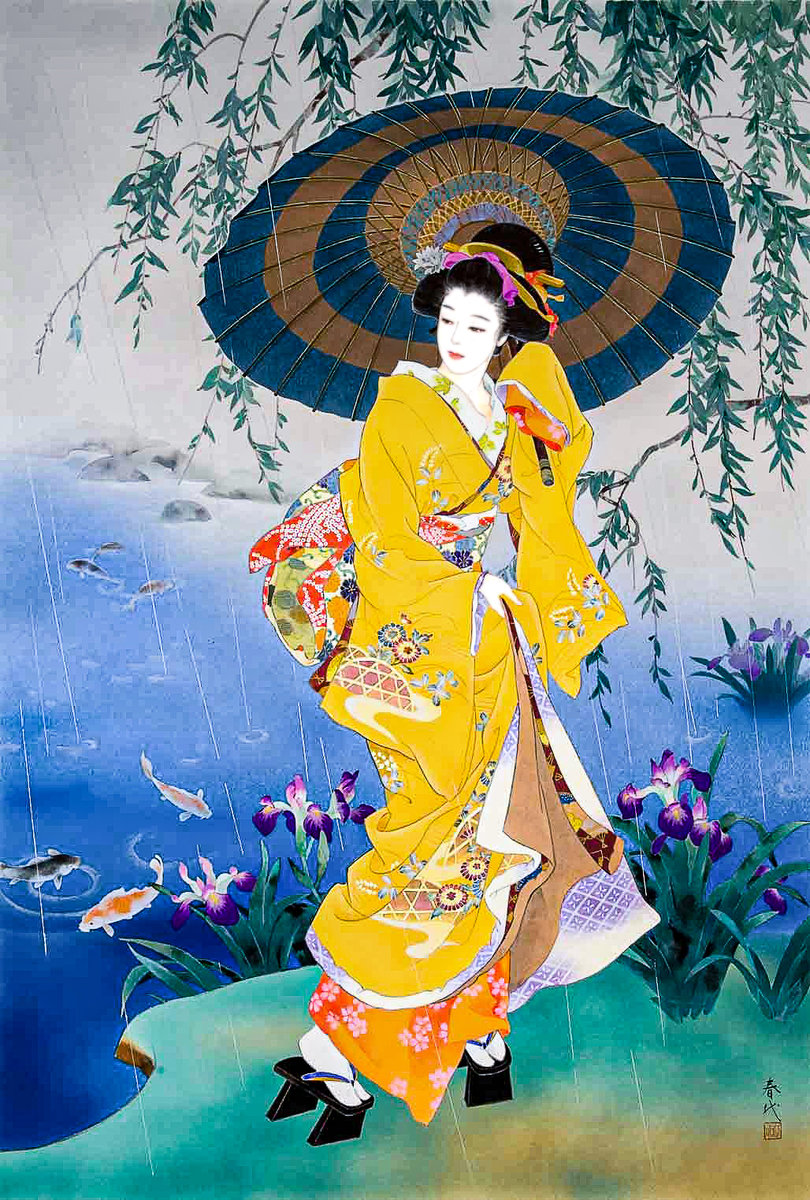 Танец весеннего дождя - япония, кимоно., гейша - оригинал