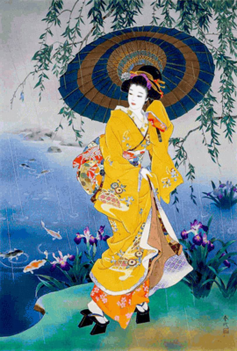 Танец весеннего дождя - кимоно., япония, гейша - предпросмотр