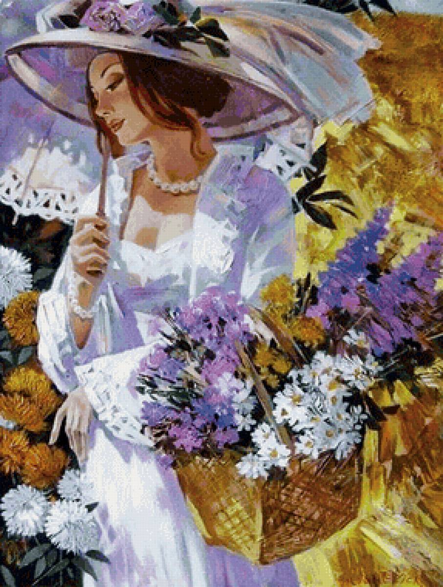 Dama com flores. - flores.pintura., menina - предпросмотр