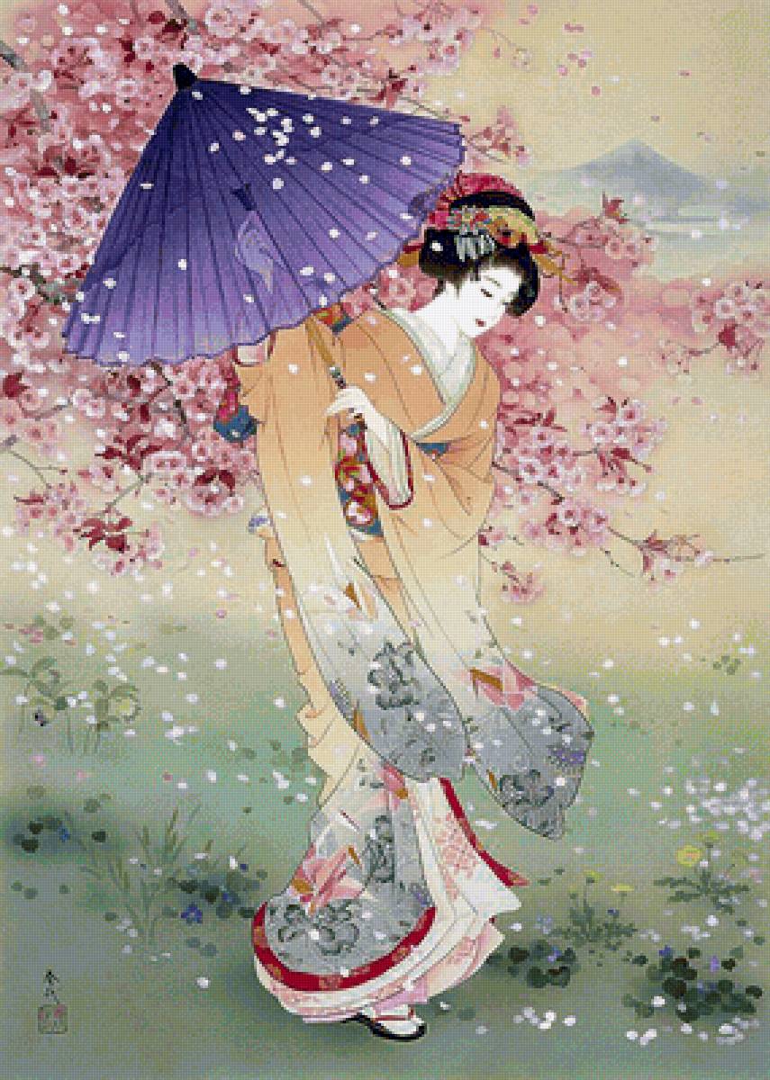 Танец цветущей сакуры - кимоно., гейша, япония. - предпросмотр