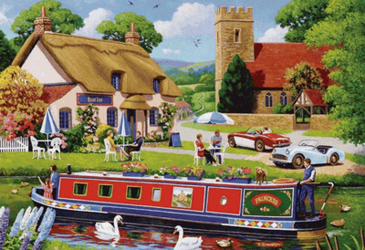 Um passeio pelo rio. - casas rio. famílias, embarcação. - предпросмотр