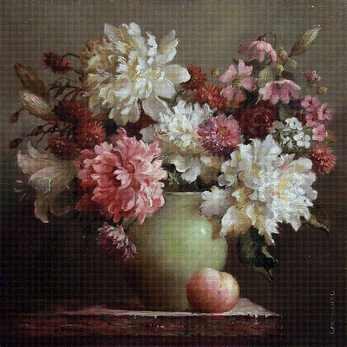 Букет и персик - картина - предпросмотр