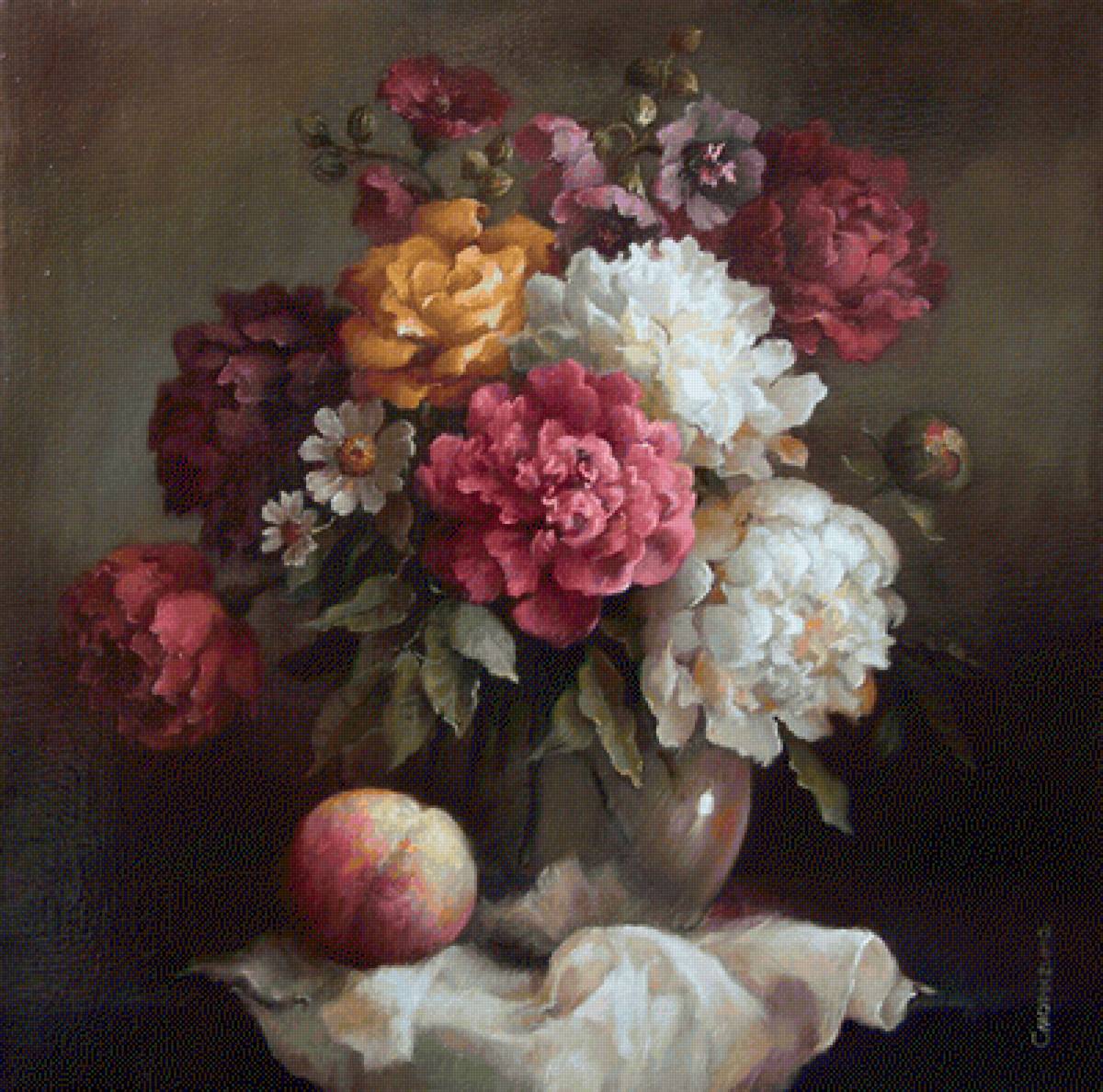 пионы и персик - картина - предпросмотр