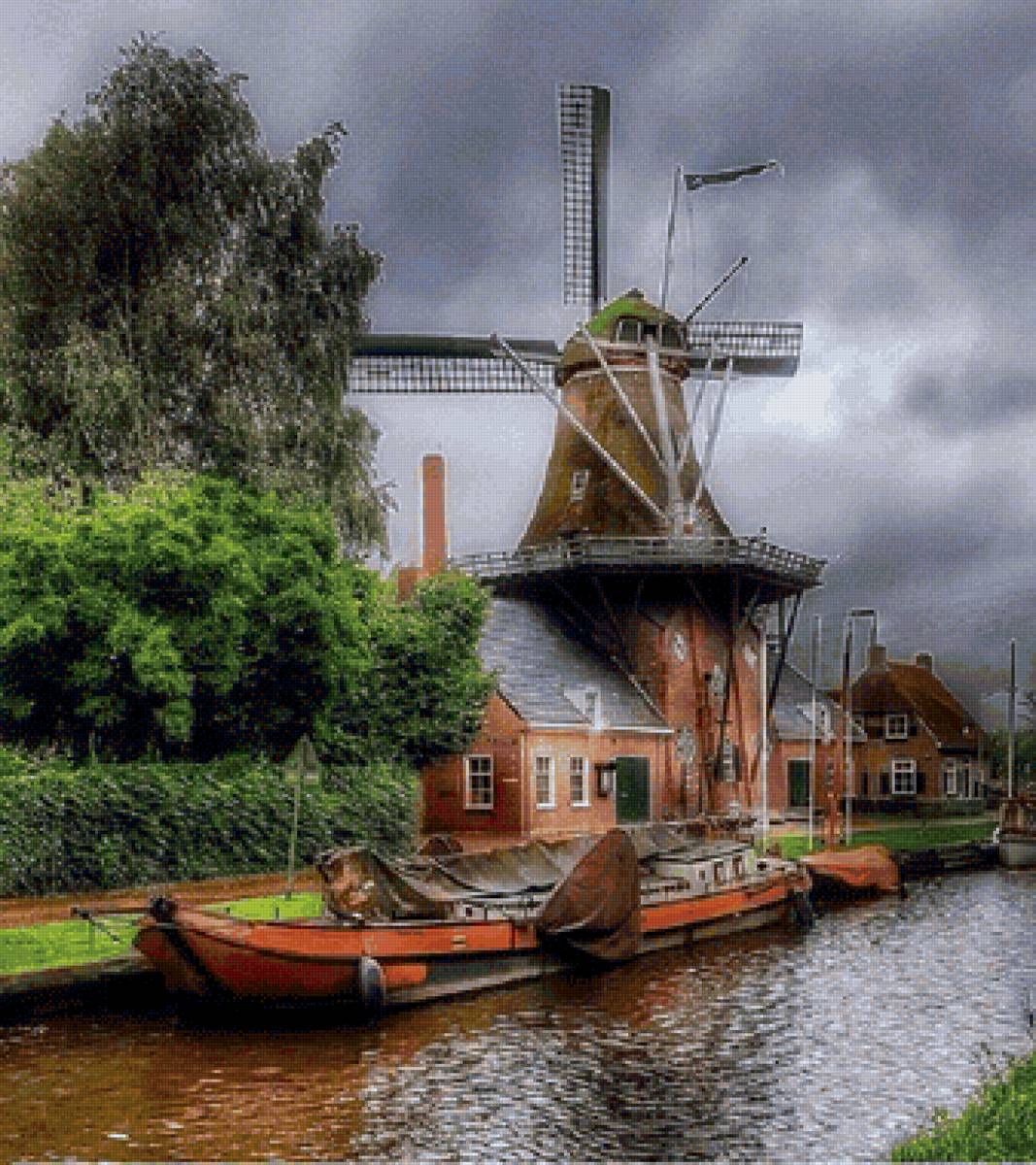 Moinho  de vento. - rio, embarcações., moinhos - предпросмотр