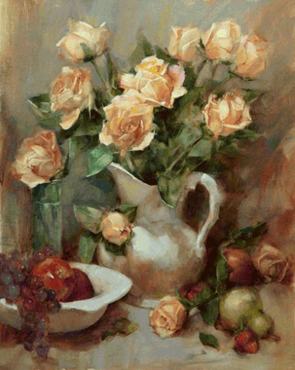 Natureza morta. - pintura, flores .jarra.frutas. - предпросмотр