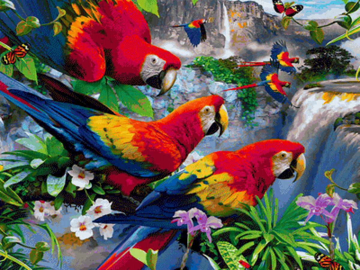 Ара у водопада - ара, цветы, природа, попугаи, водопад - предпросмотр