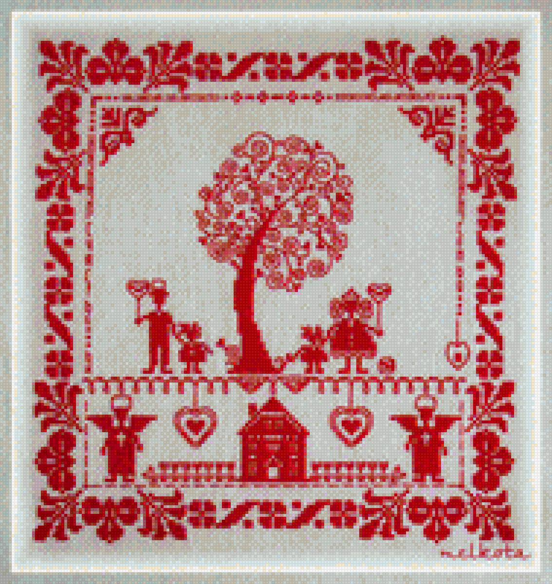 Дерево - красный, дерево, дети, семья, монохром - предпросмотр