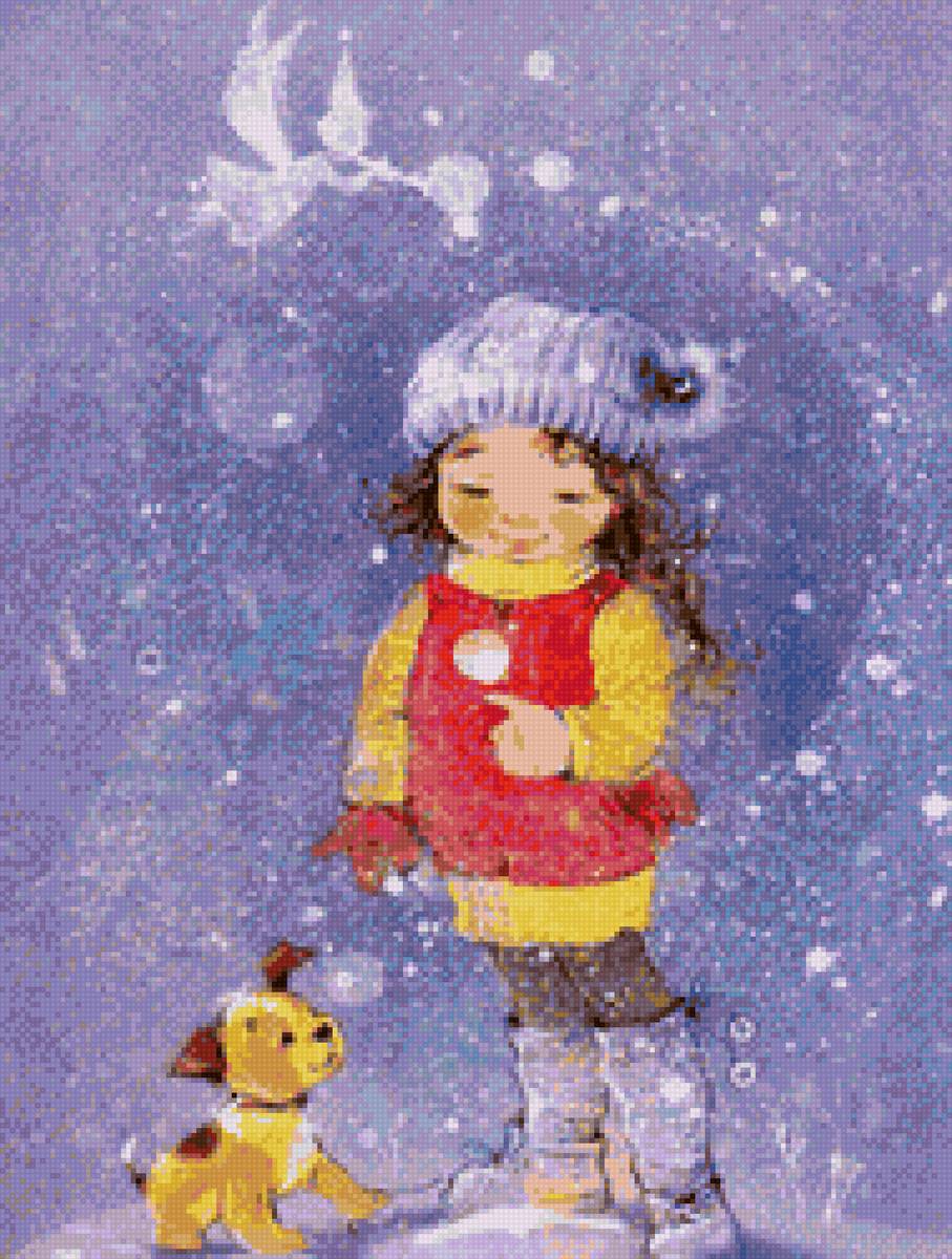 Зима - зима, девочка, щенок, снежинки - предпросмотр